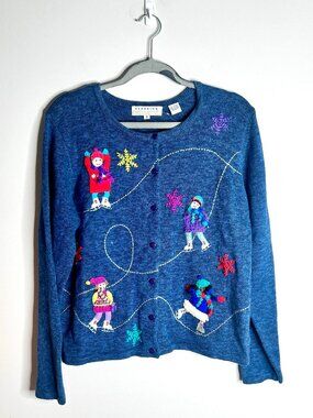 Vtg Marisa Christina Grandma Sweater Cardigan Winter Skater Novelty 3D Sz S